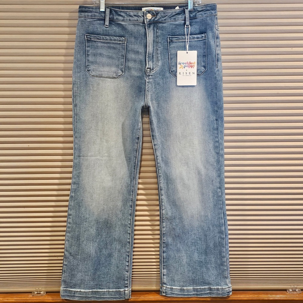 Freckled Poppy x Risen Jeans Womens 1XL Medium Wash Wide Leg Patch Pocket Jeans - Picture 1 of 13